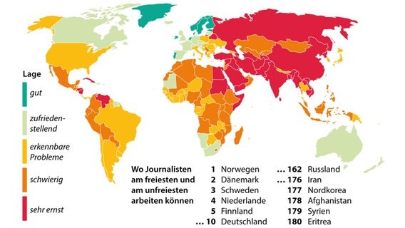 Weltkarte der Pressefreiheit 2024 (nach Daten von Reporter ohne Grenzen) © picture alliance/dpa/dpa Grafik Foto: F. Bökelmann